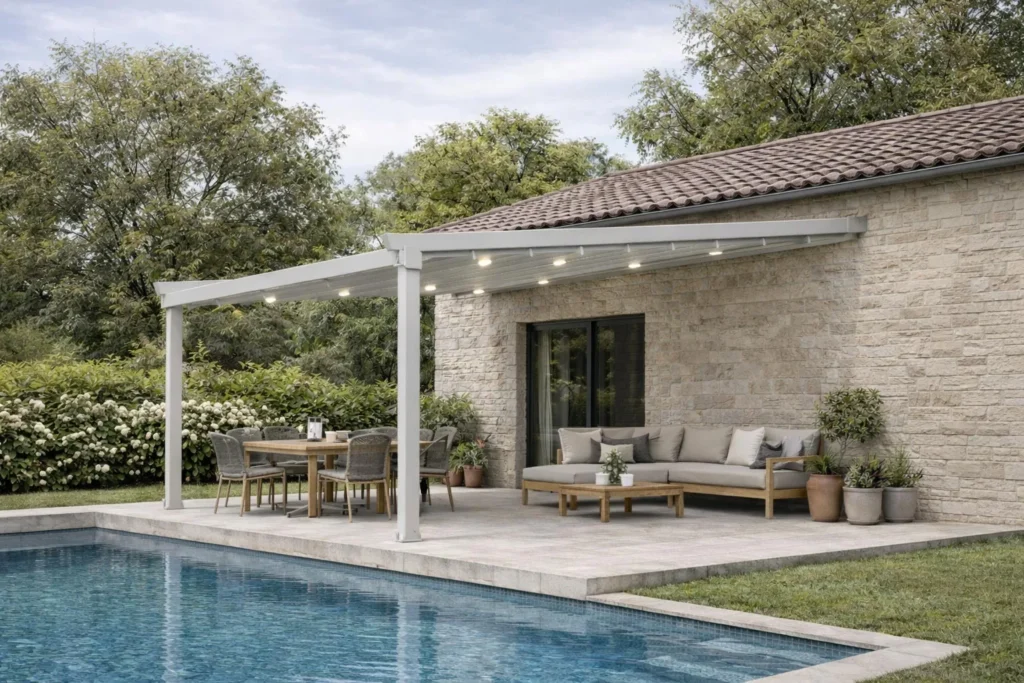 AERO Sky fabric pergola installed next to a house, creating a shaded outdoor living area by the pool
