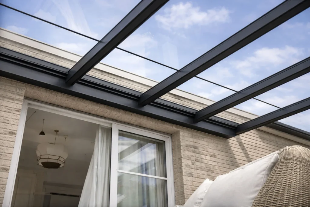 AERO Panoramic glass pergola with transparent roof panels allowing natural light into an outdoor seating area