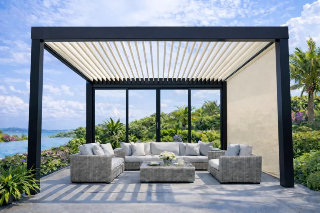 Pergola side attachment with motorized zip screens and sliding glass walls for outdoor living