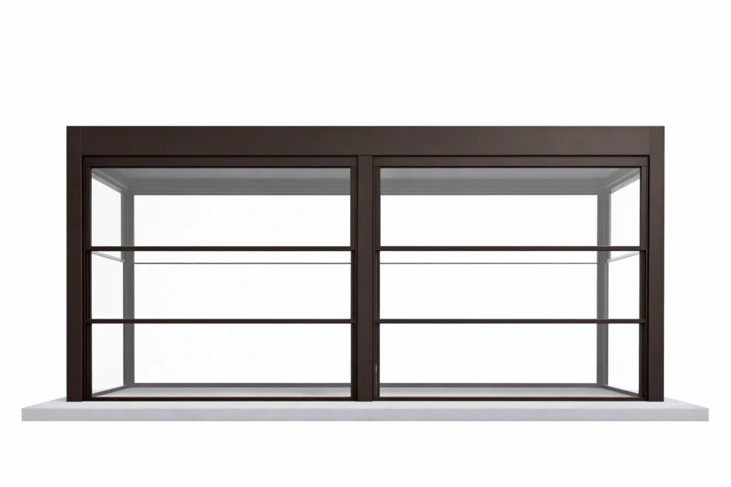 Guillotine Windows motorized vertical glass panels that lower to form a glass railing while providing thermal insulation