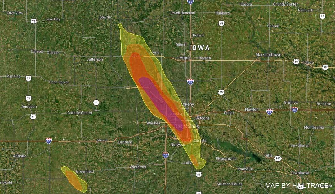 Storm With Baseball Size Hail Crushes Roofs in Des Moines, Iowa on July 9, 2021