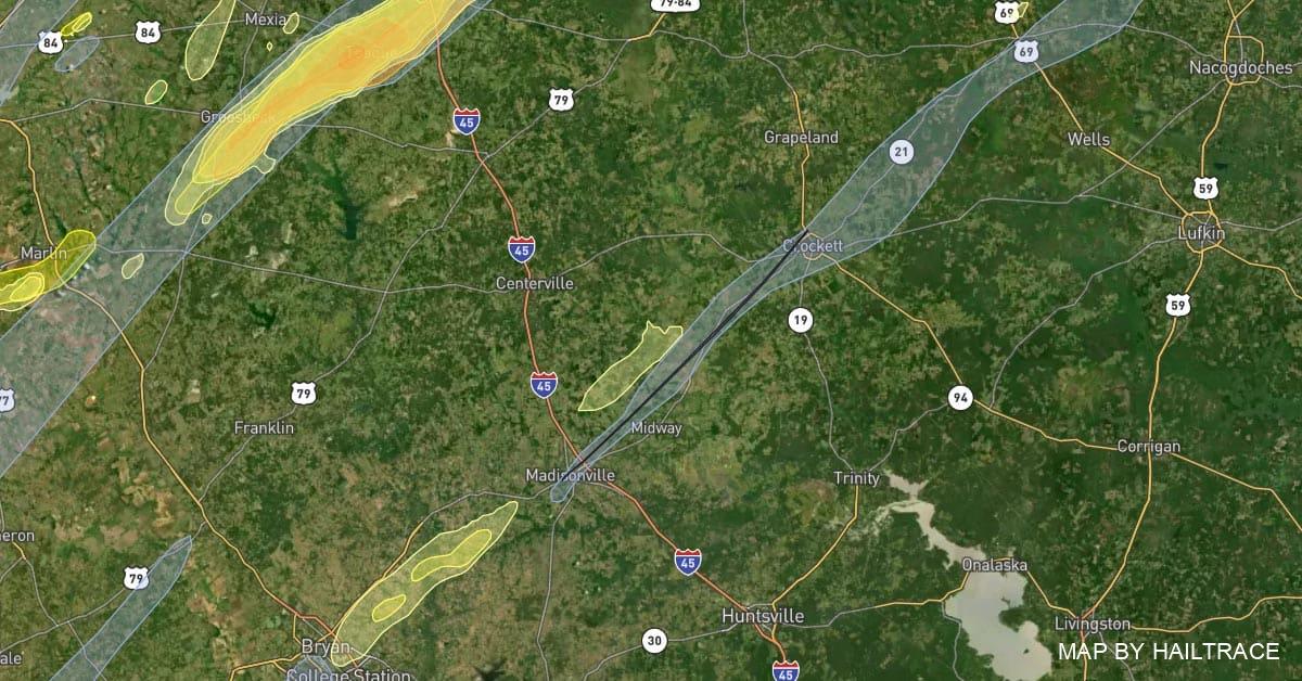 Hail Wind Tornado Track Storm Map Madison to Crocket, Texas - March 21, 2022