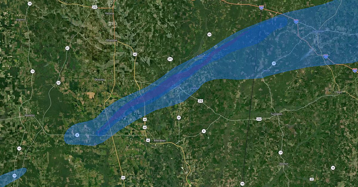 Hail Damage Map, Amory, AL Wind 3/24/2023