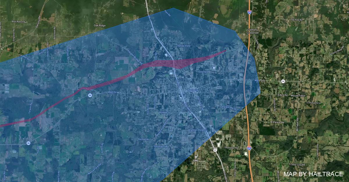 Hail Damage Map, Hartselle, AL, Wind 3/24/2023