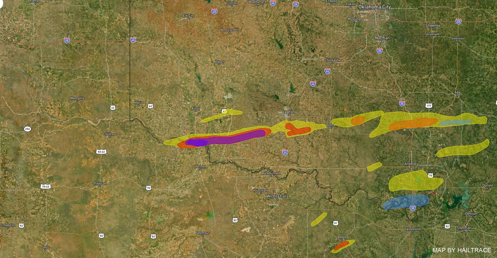 Hail Damage Map, Frederick, OK Hail 3/16/2023