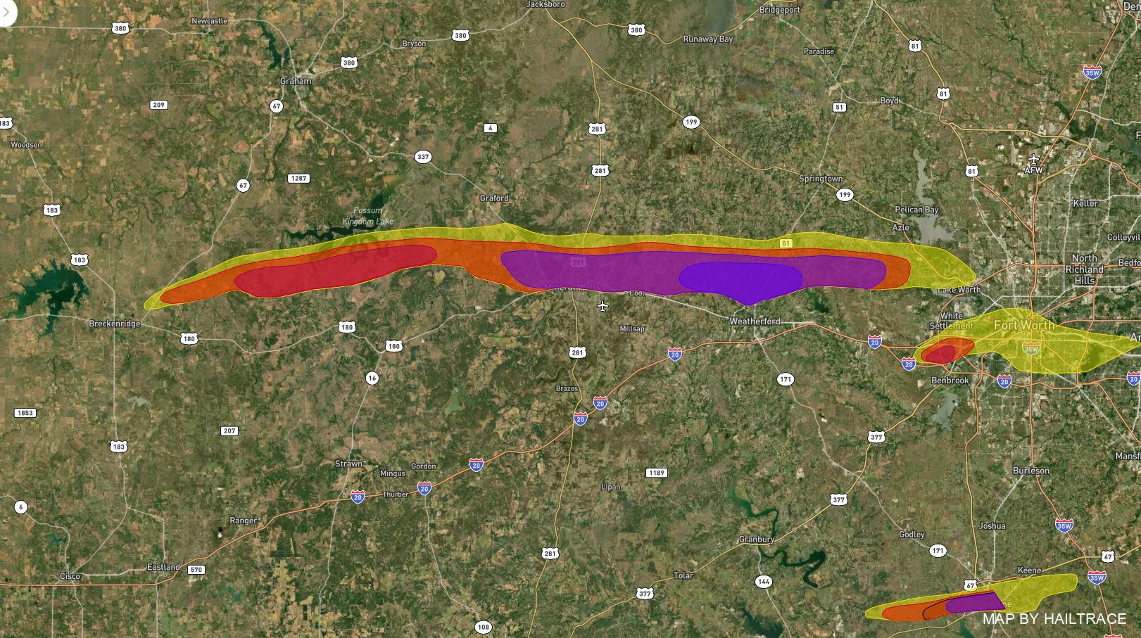 Hail Damage Map, Mineral Wells, TX Hail 3/16/2023