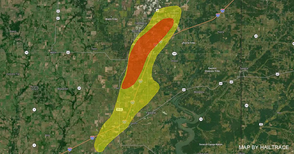 Hail and Wind Damage Map Miami, OK, Tornado, Hail 3/2/2023