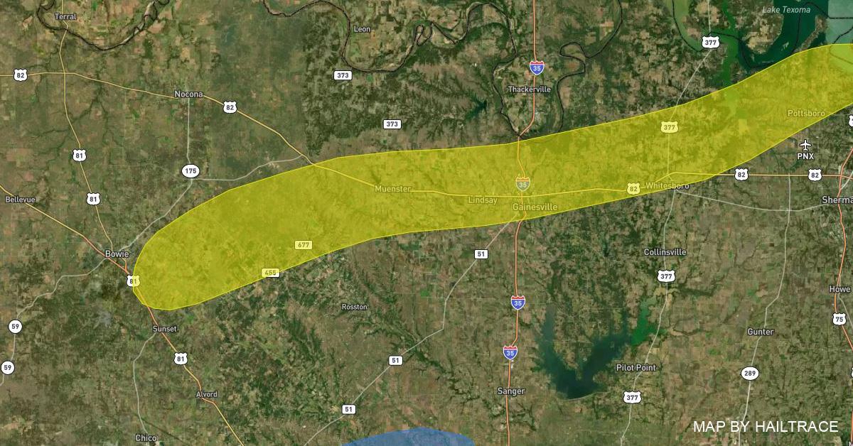 Hail Damage Map, Gainesville, TX Wind 3/23/2023