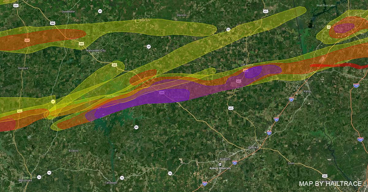 Hail Damage Map, Dadeville & Camp Hill, AL Hail 3/25/2023