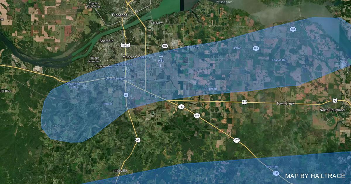Hail and Wind Damage Map Muscle Shoals, AL, Tornado, Hail 3/3/2023