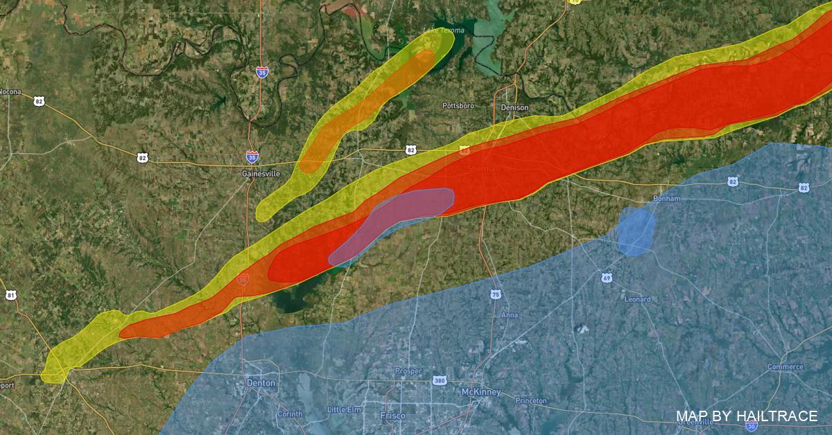 Hail and Wind Damage Map Sherman, TX, Tornado, Hail 3/3/2023