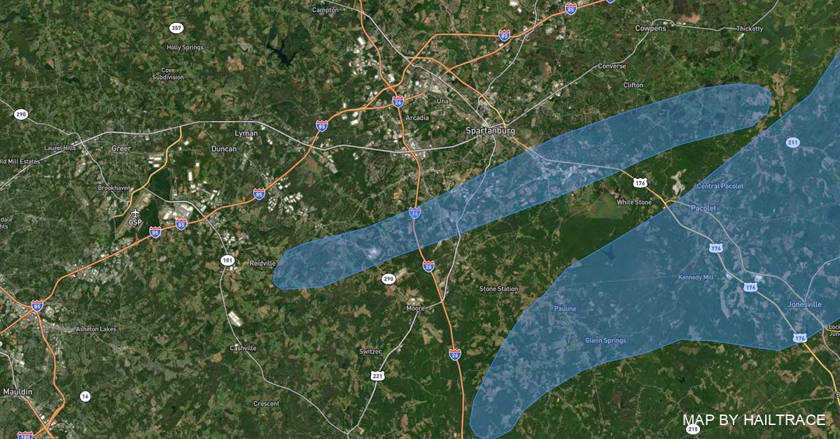 Hail and Wind Damage Map Spartanburg, NC, Tornado, Hail 3/3/2023