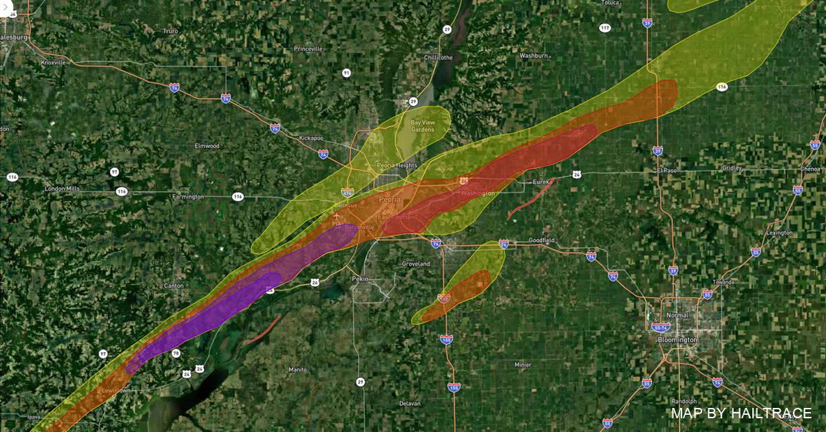 Hail Damage Map, Peoria, IL, Hail, 3/31/2023