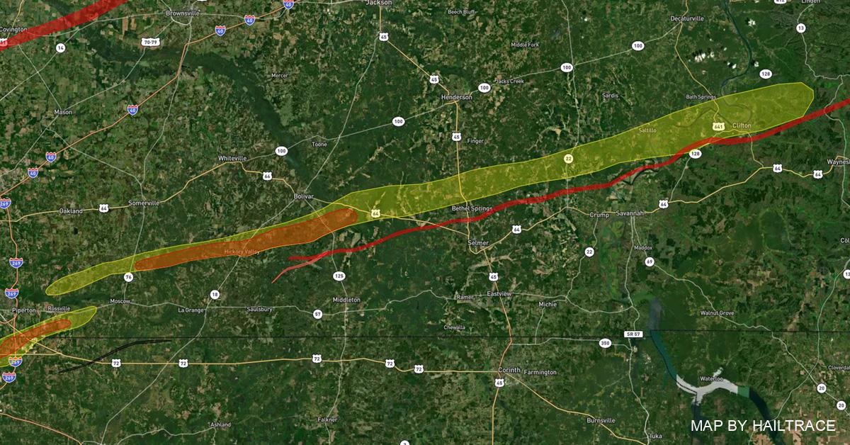 Hail Damage Map, Piperton to Clifton, TN Hail, Tornado 3/31/2023