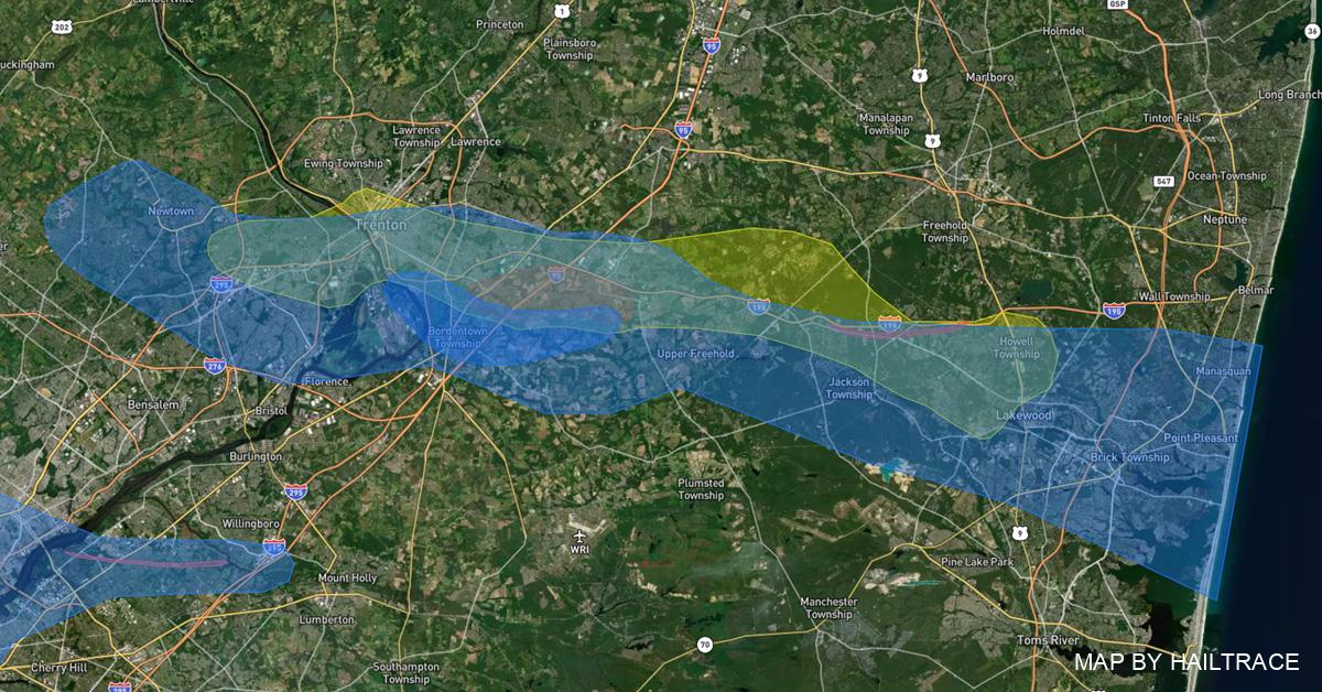 Hail Damage Map, Trenton to Brick, NJ, Hail, Wind 4/1/2023