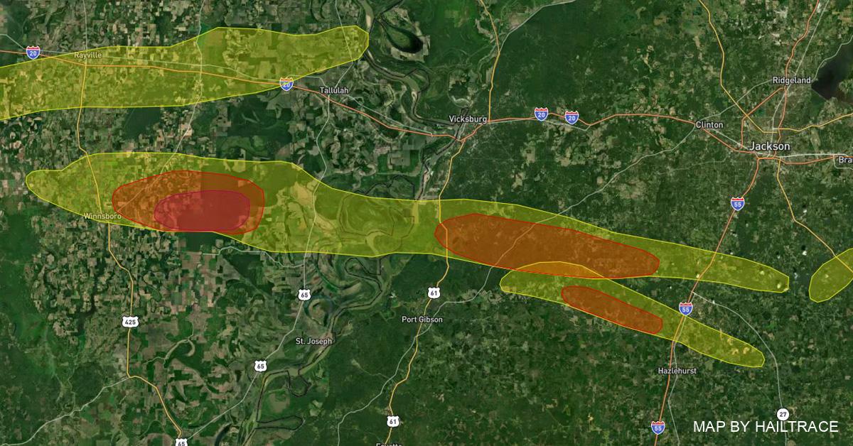 Hail Damage Map, Winnsboro, LA to Utica, MS Hail & Wind 4/2/2023