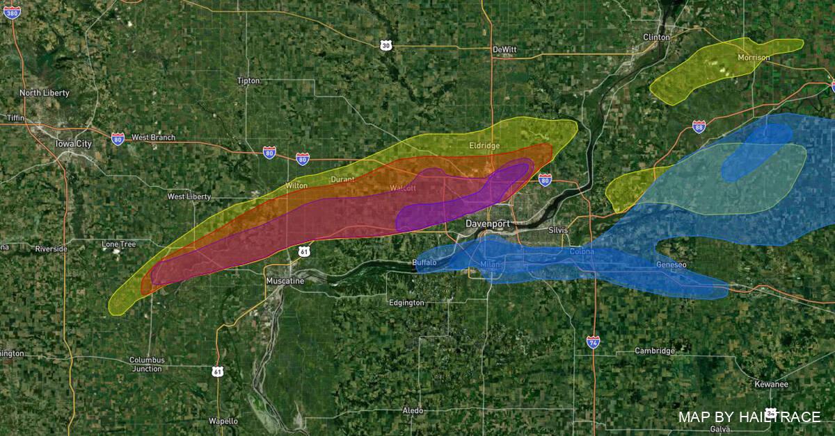 Hail Damage Map, Davenport, IA Hail 4/4/2023